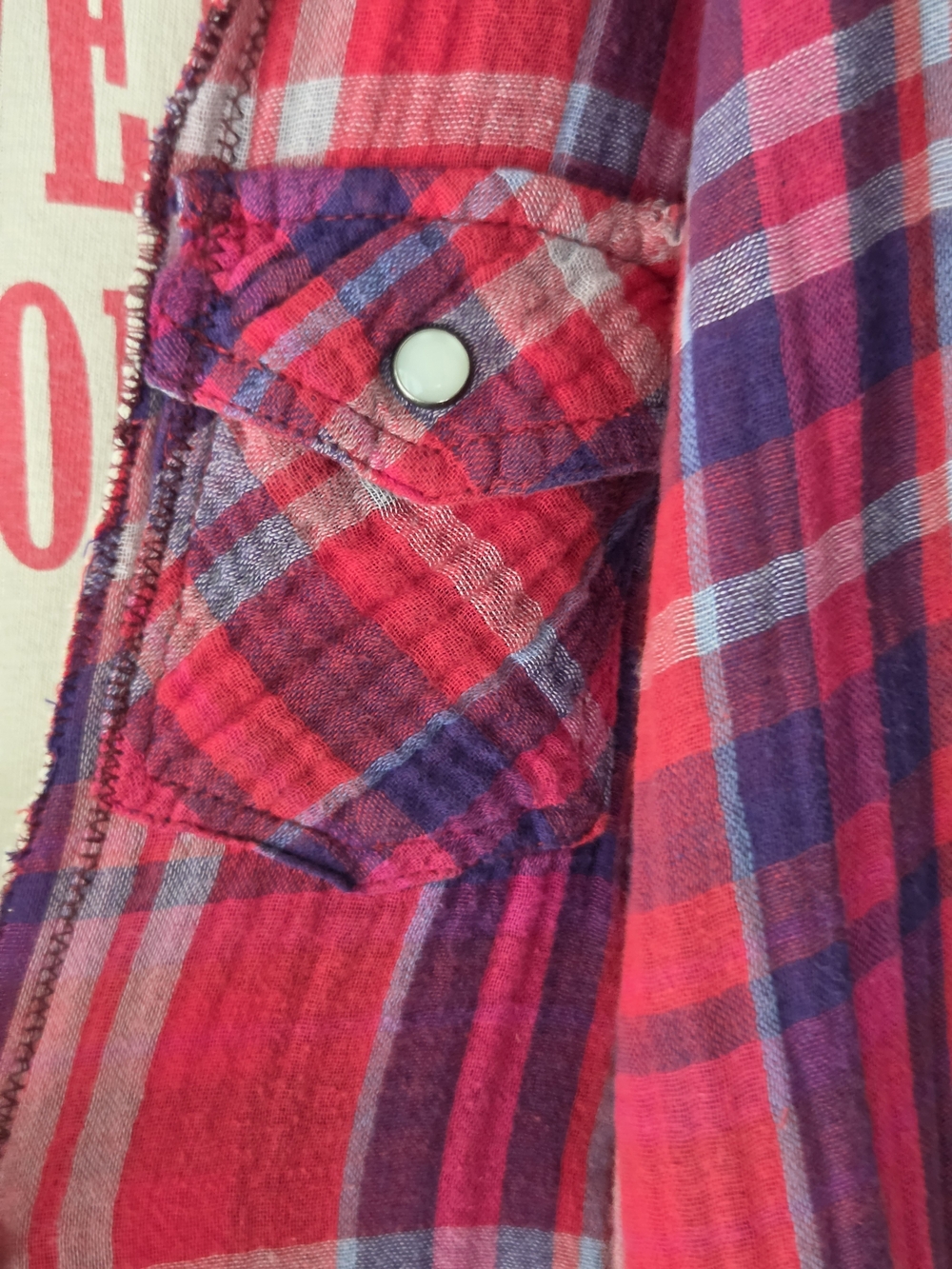 Upcycled Leave Me Alone Graphic Tee with Red Plaid Sleeve Detail - Picture 8 of 12